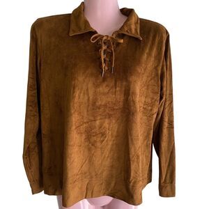 Liz Claiborne Pullover Womens Medium Brown Faux Suede Lace Up Top Long Sleeve